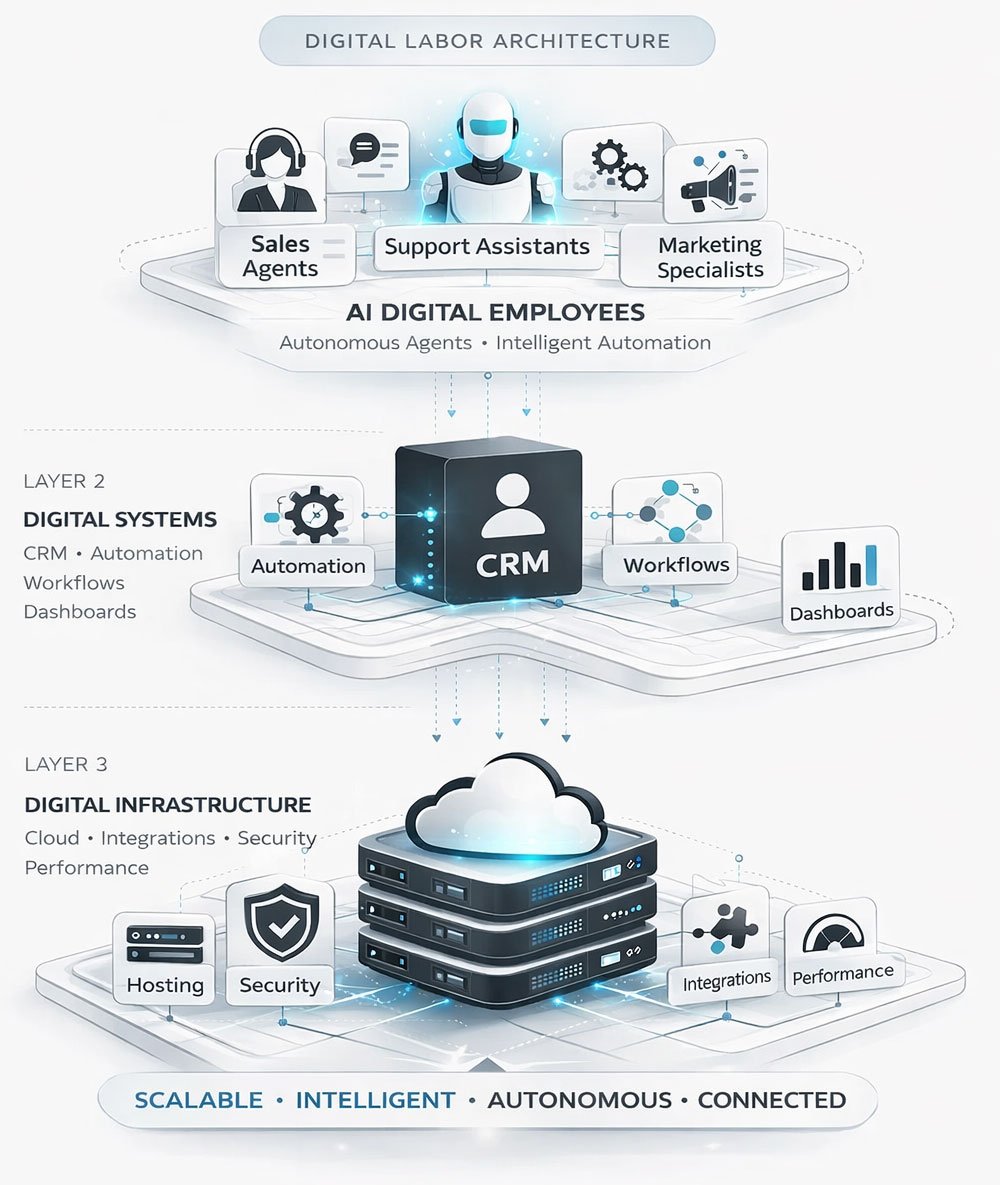 Zylaris Digital Labor Architecture Zylaris Digital Labor Architecture illustrating AI-powered digital employees operating across digital systems and cloud infrastructure.